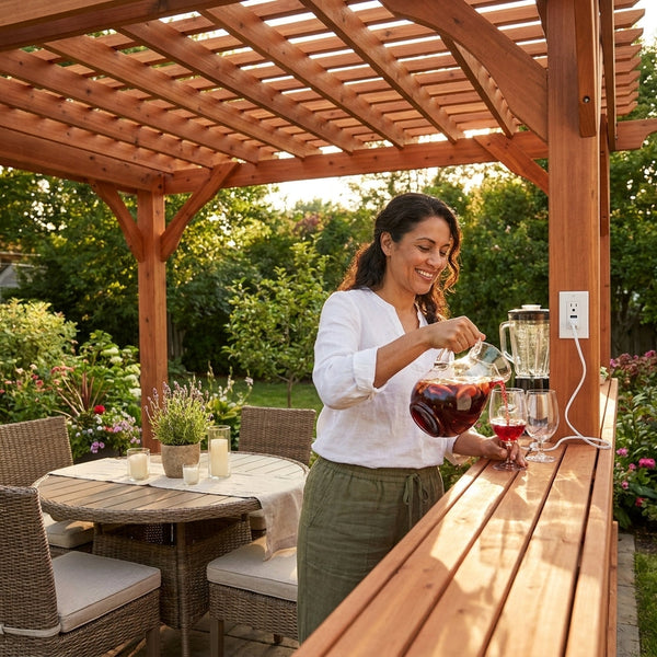 Outdoor Cedar Pergola Built to Withstand 100mph Winds, Built-in Bar, PowerPort Electric, 140 Sq Ft Shade